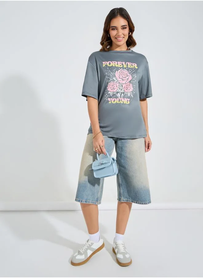 Styli Oversized Rose Graphic Print T-Shirt