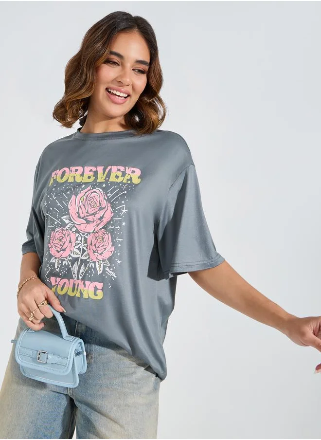 Styli Oversized Rose Graphic Print T-Shirt