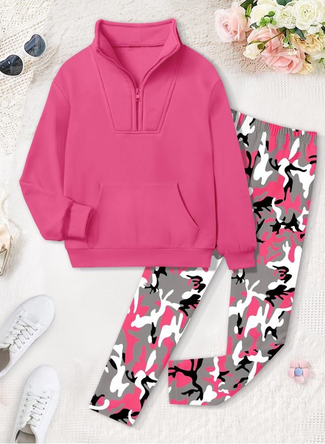 dearnow Girls Clothes Tie Dye Quarter-zip Sweatshirt + Camo Sweatpants Girls Clothing Sets 2 Piece Fall Winter Outfits 7-14T, Pink, 7-8 years - Image 5