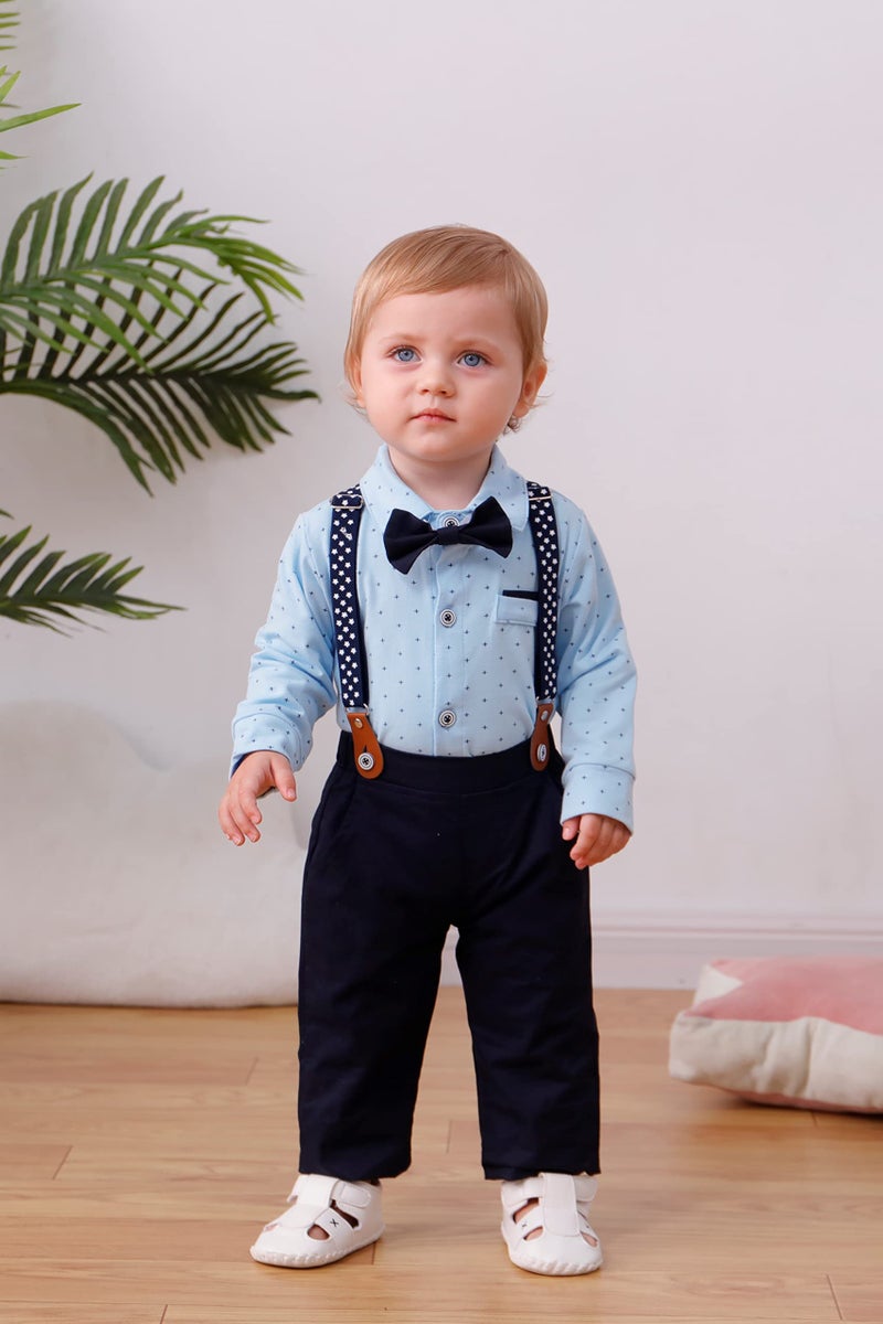 DISAUR Baby Boy Clothes Suits, Infant Gentleman Boy Outfit,Long Sleeve Shirts +Beret Hat + Suspender Pants + Bowtie 3-24M - Image 2