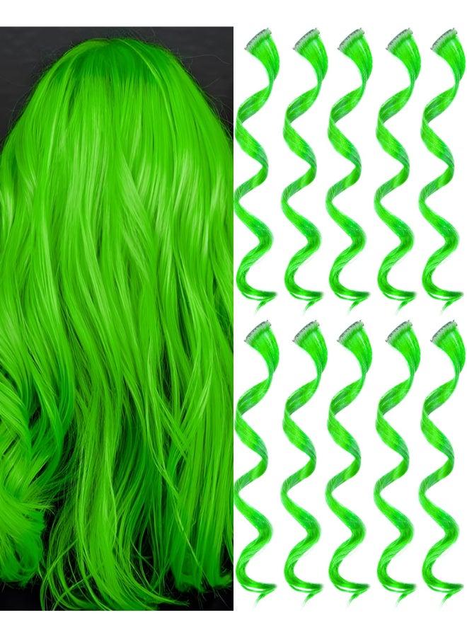 Olldag 10 PCS Green Hair Extensions Curly Wavy Synthetic Hairpieces Clip in Rainbow Neon Party Highlights Colorful Hair Accessories for Women 17 Inch - Image 2