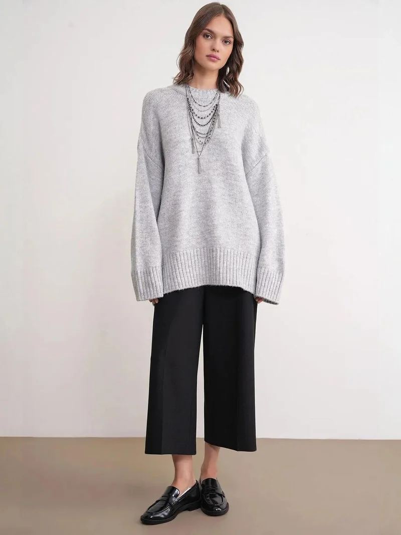 MixRay Mixray Oversized Ribbed Knit Sweater with Crew Neck