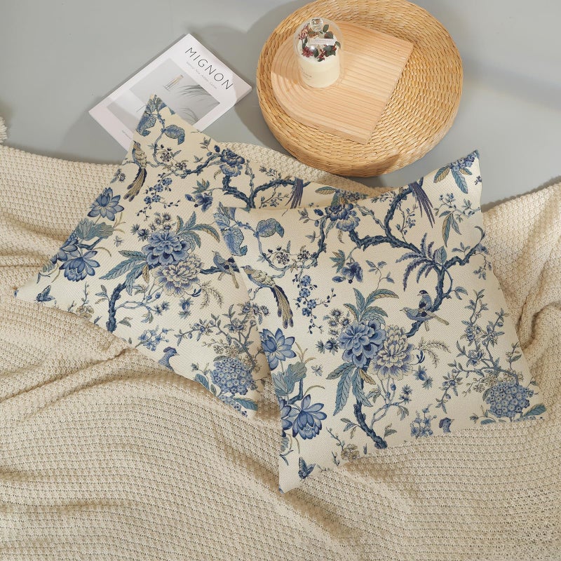 GOLIANDA Chinoiserie Floral Bird Pillow Covers 18x18 Set of 2 Spring Chinoiserie Flowers Decorative Pillowcase Outdoor Blue and Cream Throw Pillows Farmhouse Linen Cushion Case for Couch Home Decor - Image 5