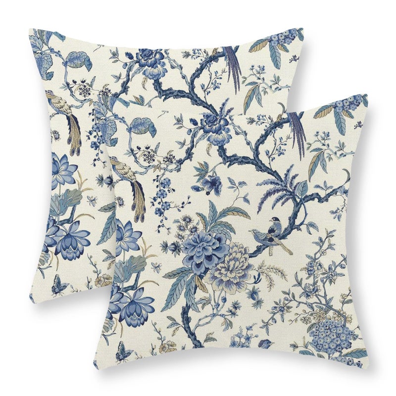 GOLIANDA Chinoiserie Floral Bird Pillow Covers 18x18 Set of 2 Spring Chinoiserie Flowers Decorative Pillowcase Outdoor Blue and Cream Throw Pillows Farmhouse Linen Cushion Case for Couch Home Decor - Image 1