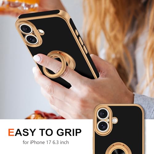 Hython for iPhone 17 Case with Ring Stand, 360° Rotatable Ring Holder Magnetic Kickstand, Plating Rose Gold Edge Soft Cover Protective Phone Case for iPhone 17 6.3", Black - Image 2