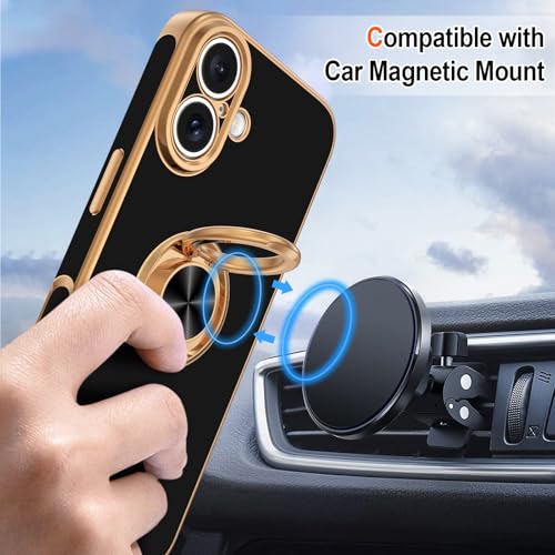 Hython for iPhone 17 Case with Ring Stand, 360° Rotatable Ring Holder Magnetic Kickstand, Plating Rose Gold Edge Soft Cover Protective Phone Case for iPhone 17 6.3", Black - Image 5