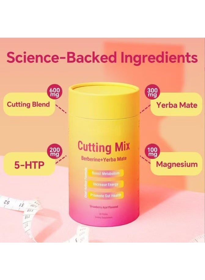 Day Wins Cutting Drink Mix – Satiety u0026 Metabolism Support | Berberine, Chromium, FOS, Yerba Mate u0026 5-HTP | Gut Health u0026 Energy | Sugar-Free, Vegan, Non-GMO | Strawberry Açaí | 30 Sticks - Image 3