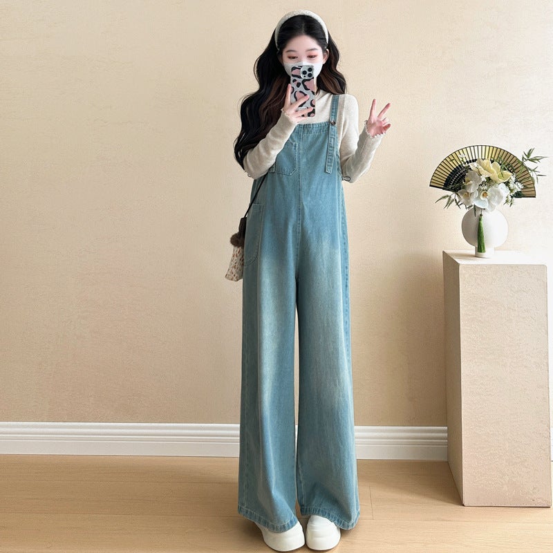 Real shot in stock pregnant women spring dress suit fashion spring maternity Denim strap skirt two-piece set Blue overalls 