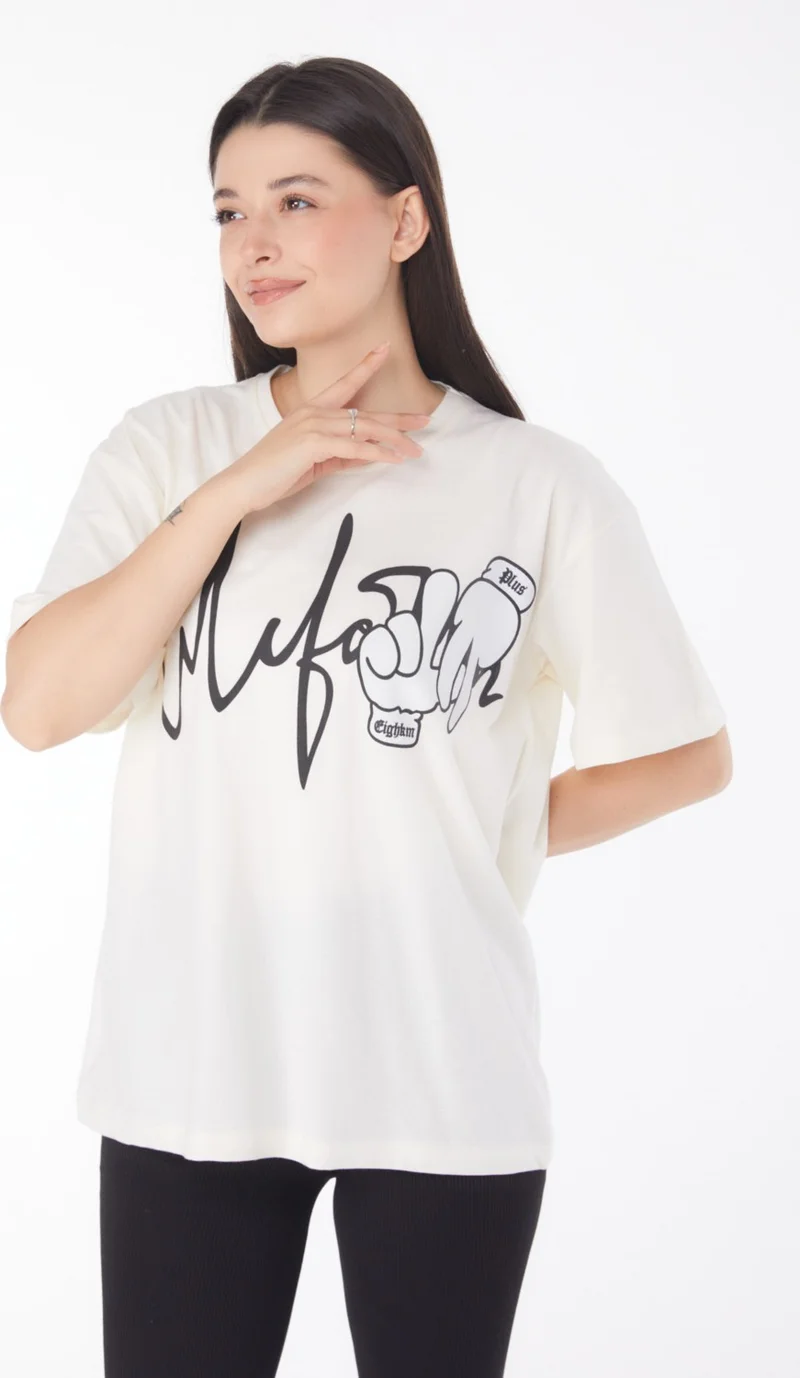 Tofisa Plain Crew Neck Women's Ecru Printed T-Shirt - 25702