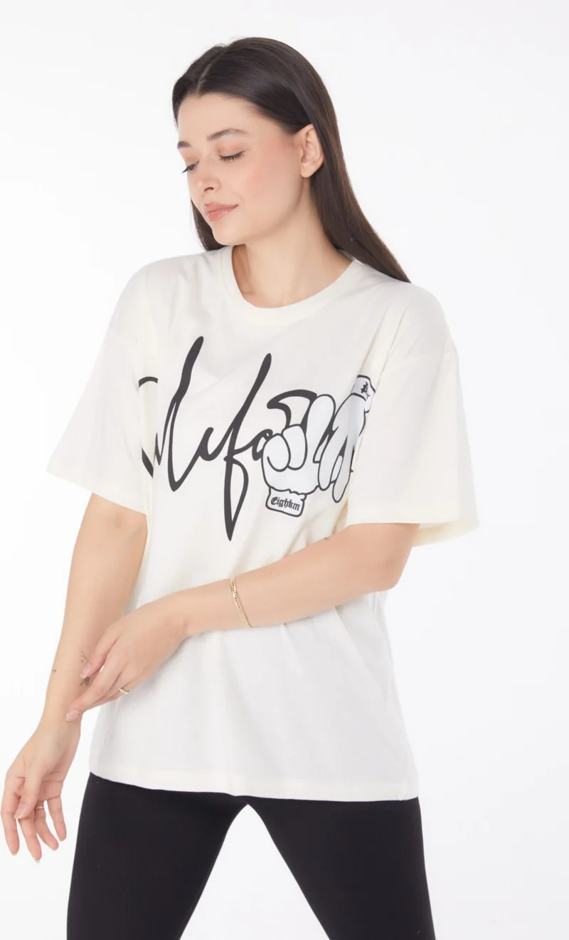 Tofisa Plain Crew Neck Women's Ecru Printed T-Shirt - 25702
