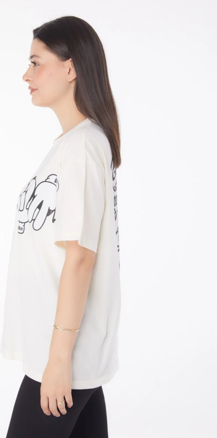 Tofisa Plain Crew Neck Women's Ecru Printed T-Shirt - 25702