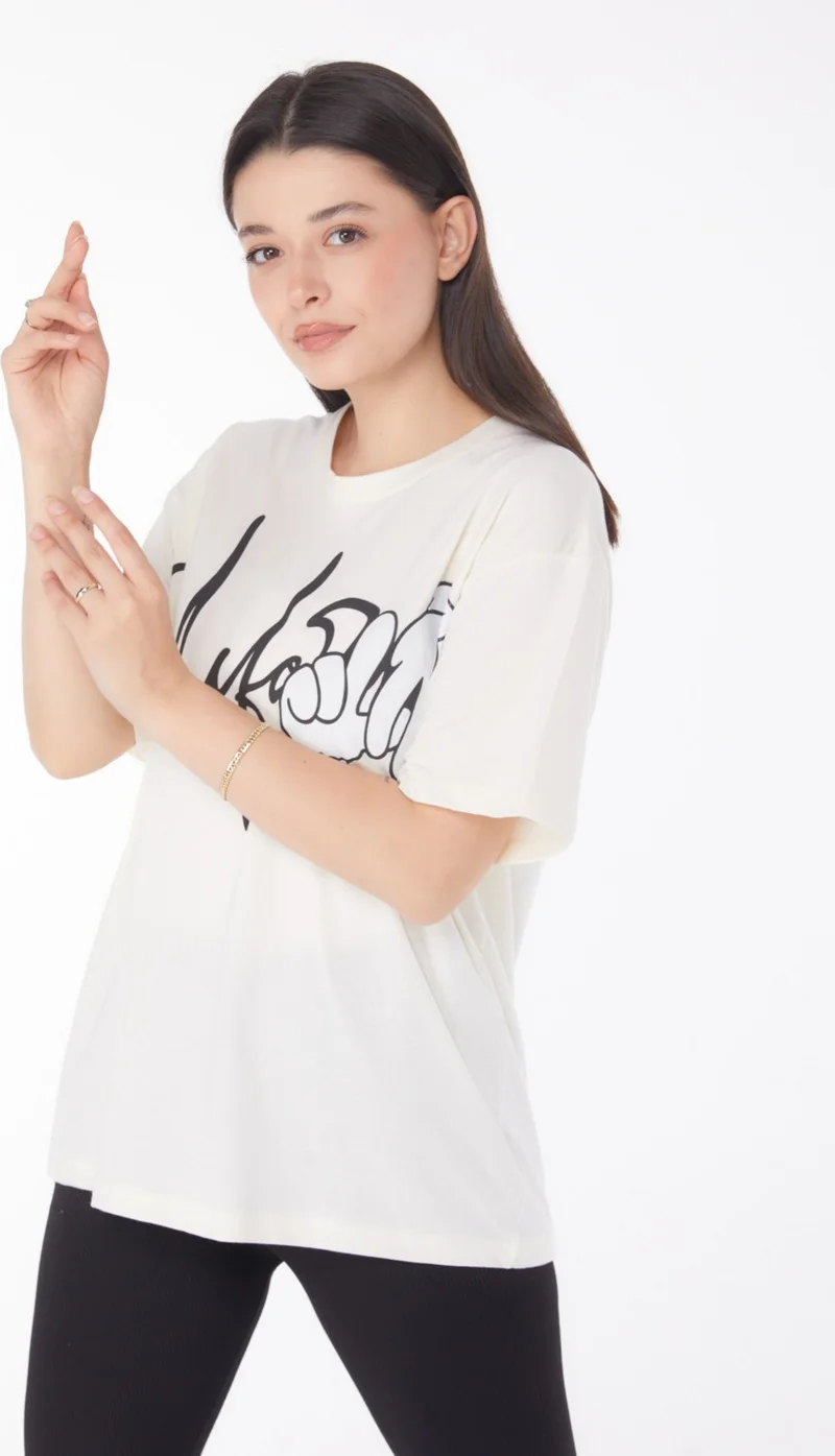 Tofisa Plain Crew Neck Women's Ecru Printed T-Shirt - 25702