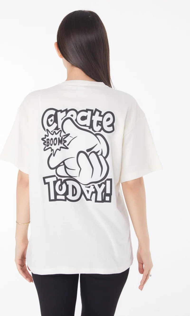 Tofisa Plain Crew Neck Women's Ecru Printed T-Shirt - 25702