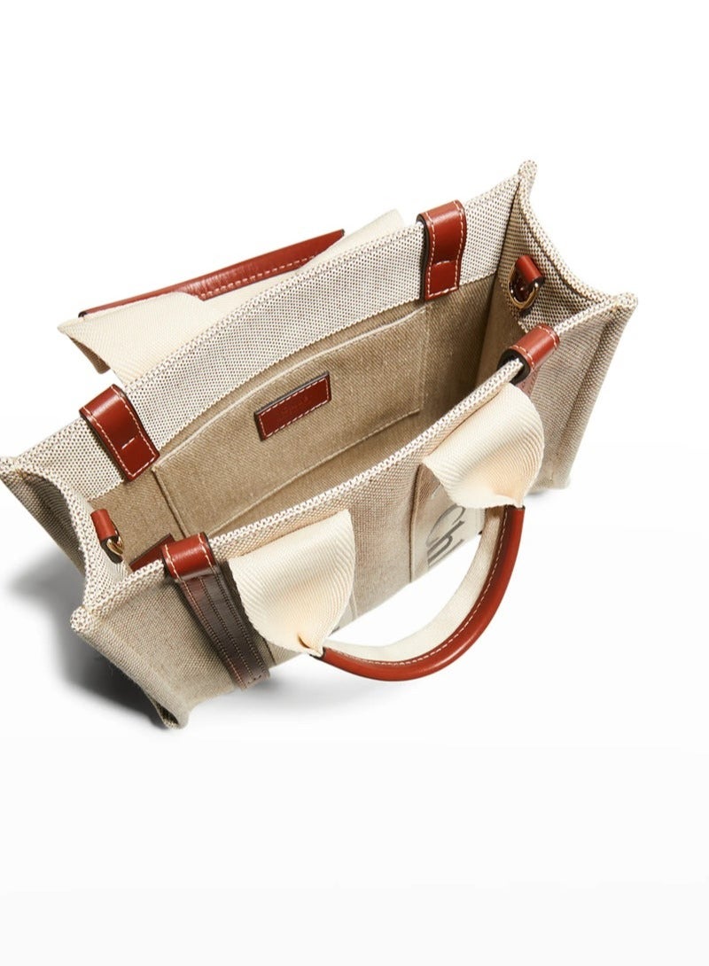 Chloe Woody Small Women Tote Bag in Linen, Women Shoulder Bag, Women Hand Bag, Women's Travel Bag, Women's Shopping Bag, White-Brown - Image 5