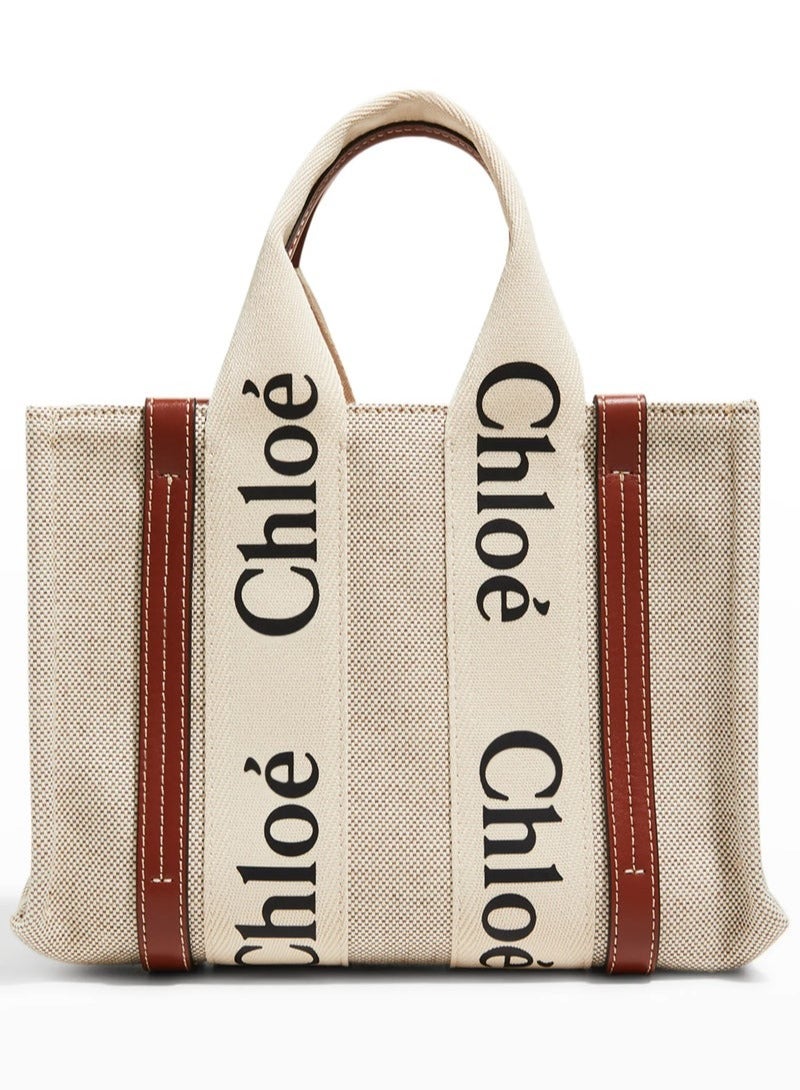 Chloe Woody Small Women Tote Bag in Linen, Women Shoulder Bag, Women Hand Bag, Women's Travel Bag, Women's Shopping Bag, White-Brown - Image 1