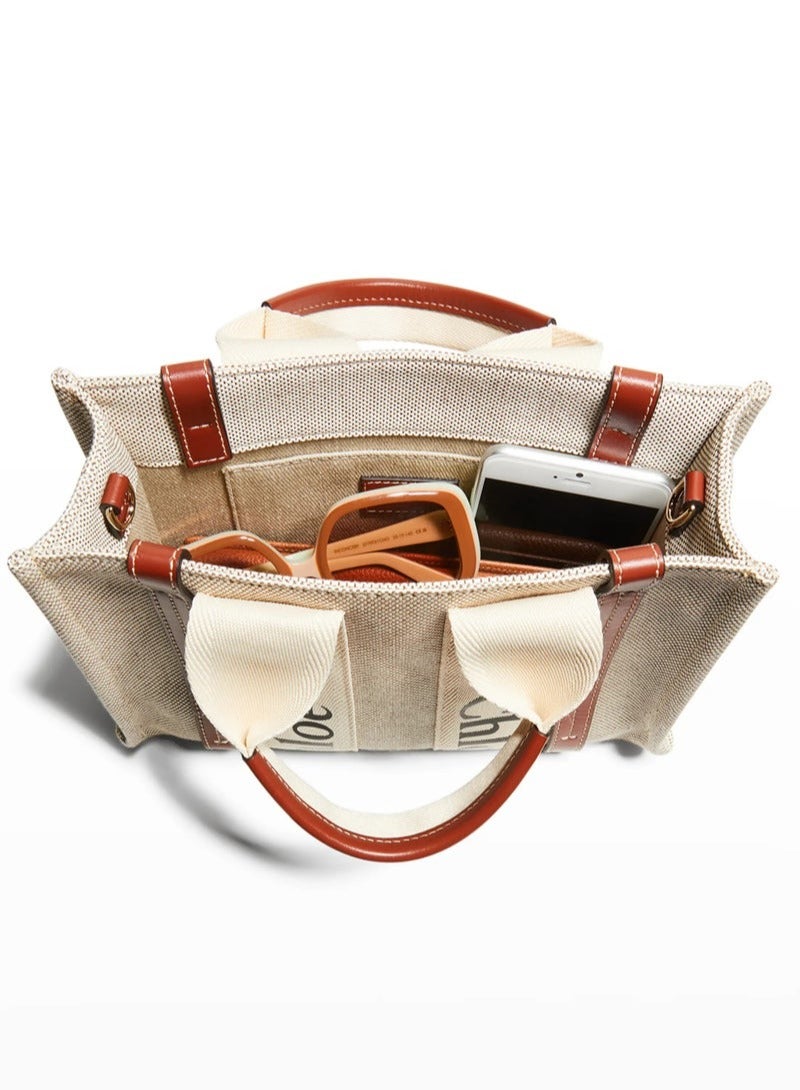 Chloe Woody Small Women Tote Bag in Linen, Women Shoulder Bag, Women Hand Bag, Women's Travel Bag, Women's Shopping Bag, White-Brown - Image 4