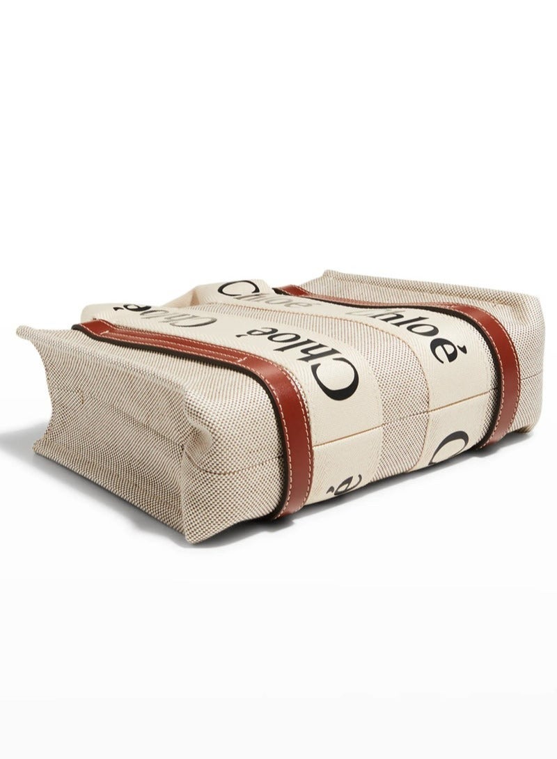 Chloe Woody Small Women Tote Bag in Linen, Women Shoulder Bag, Women Hand Bag, Women's Travel Bag, Women's Shopping Bag, White-Brown - Image 3