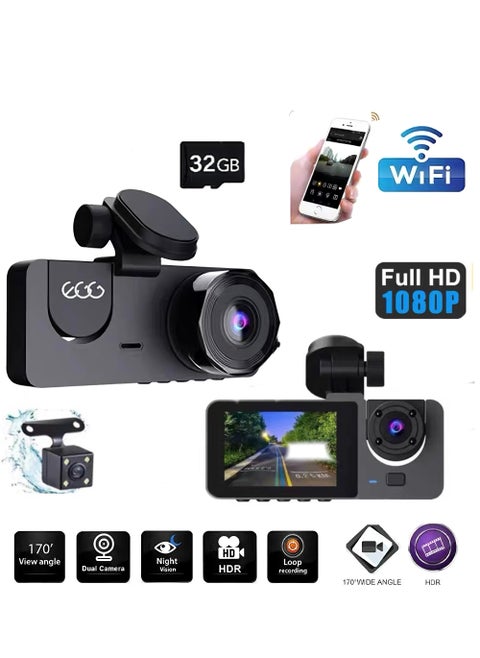 Dash Cam 4k Front and 1080P Rear Camera, 32GB Memory Card, 360° FHD 3-Channel Car Dash Cam, Built-in 2.0 Inch IPS Car Camera, Wide Angle and Night Vision | G Sensor and Loop Recording | WDR | App Control | Waterproof Rear Camera | Vehicle Security and Monitoring