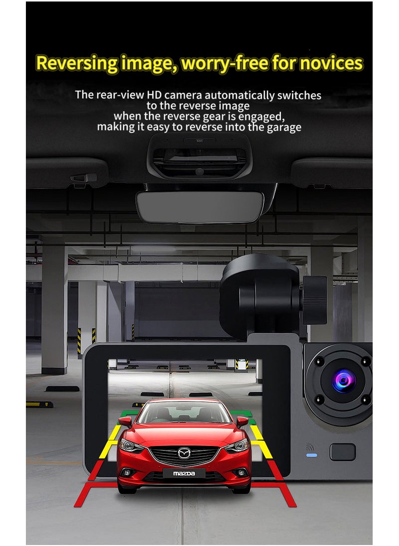 Dash Cam 4k Front and 1080P Rear Camera, 32GB Memory Card, 360° FHD 3-Channel Car Dash Cam, Built-in 2.0 Inch IPS Car Camera, Wide Angle and Night Vision | G Sensor and Loop Recording | WDR | App Control | Waterproof Rear Camera | Vehicle Security and Monitoring