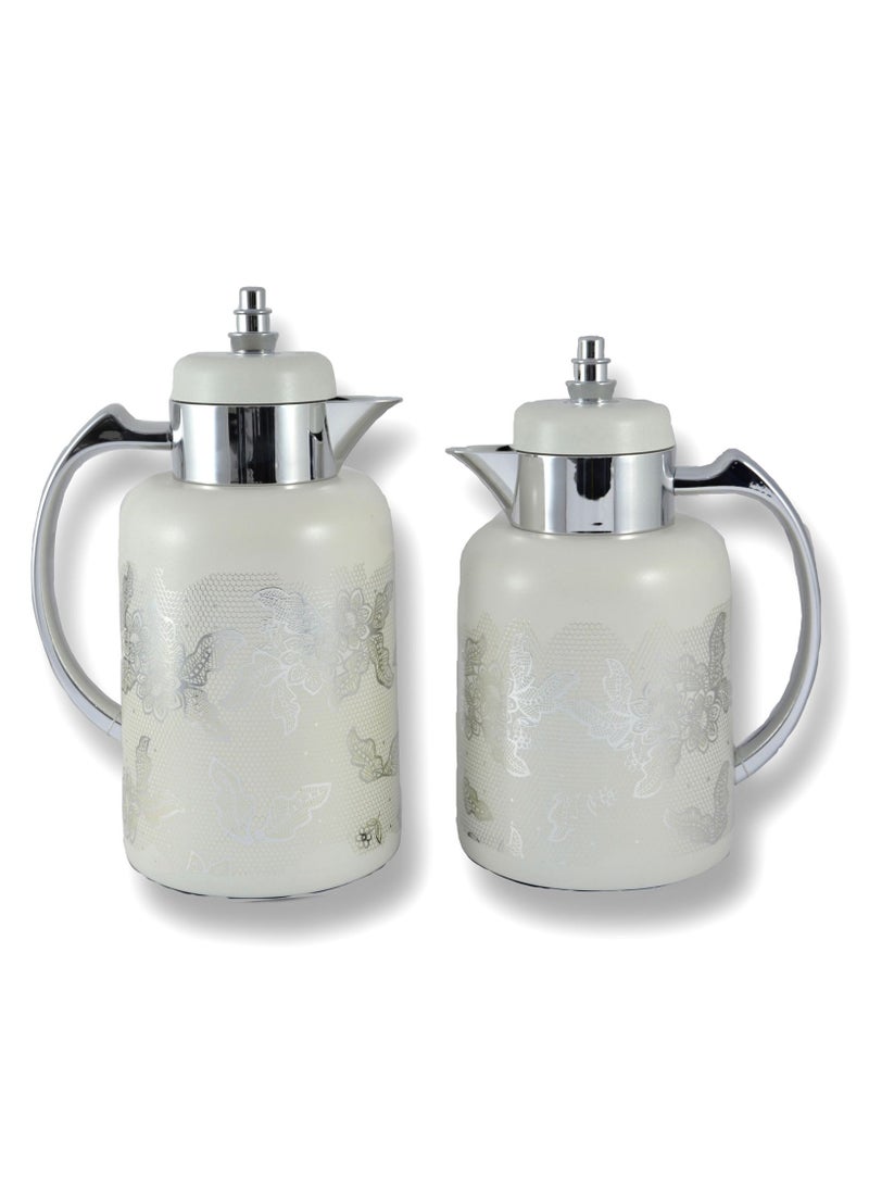 Homemaker 2-Piece Tea & Coffee Flask - 0.7 Liter & 1 Liter Capacity - Glass Inner - ABS Body - White & Silver  - Image 1