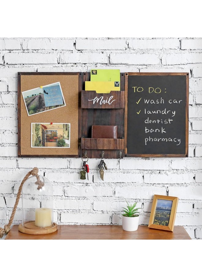 MyGift - Rustic Burnt Wood Command Center Wall Organization Set With Chalkboard Bulletin Cork Board Mail Slot Caddy Tray And 3 Key Holder Hooks - Image 1