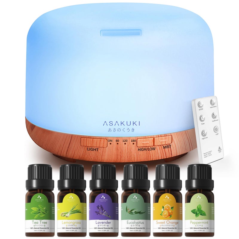ASAKUKI موزع زيت ASAKUKI مع مجموعة الزيوت الأساسية، مرطب Aromatherapy سعة 500 مل مع 14 لون LED وإيقاف تلقائي - مجموعة هدايا 6 زيوت (لافندر، يوكاليبتوس، شجرة الشاي، برتقال، نعناع، ليمون جراس) - Image 1