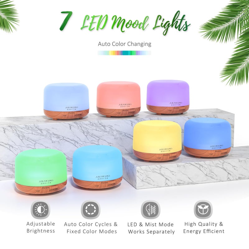 ASAKUKI موزع زيت ASAKUKI مع مجموعة الزيوت الأساسية، مرطب Aromatherapy سعة 500 مل مع 14 لون LED وإيقاف تلقائي - مجموعة هدايا 6 زيوت (لافندر، يوكاليبتوس، شجرة الشاي، برتقال، نعناع، ليمون جراس) - Image 3