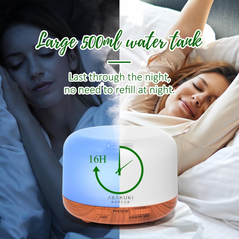ASAKUKI موزع زيت ASAKUKI مع مجموعة الزيوت الأساسية، مرطب Aromatherapy سعة 500 مل مع 14 لون LED وإيقاف تلقائي - مجموعة هدايا 6 زيوت (لافندر، يوكاليبتوس، شجرة الشاي، برتقال، نعناع، ليمون جراس) - Image 4