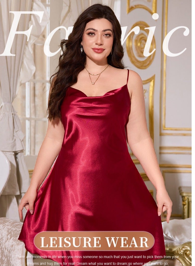 Loquat Women's Comfortable Solid Color Nightgown Cowl Neck Slip Dress Soft Lingerie Midi Sleepwear With Strap Wine Red  - Image 2