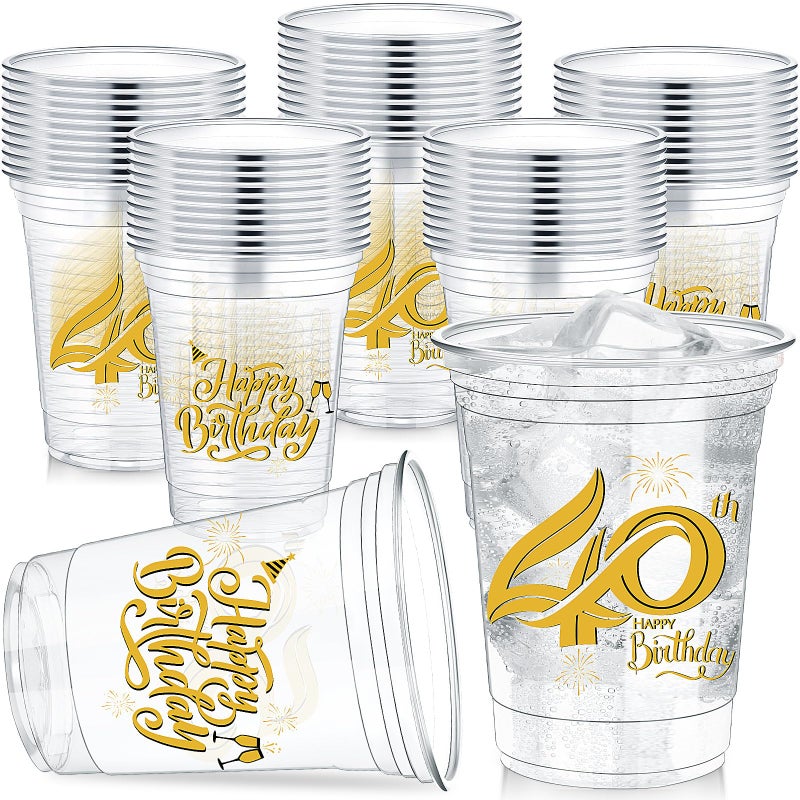 Yiyiring 60 Pcs 12 oz 40th Birthday Party Plastic Cups Clear Happy Birthday Tumblers for Celebrating 40 Years Disposable Party Supplies
