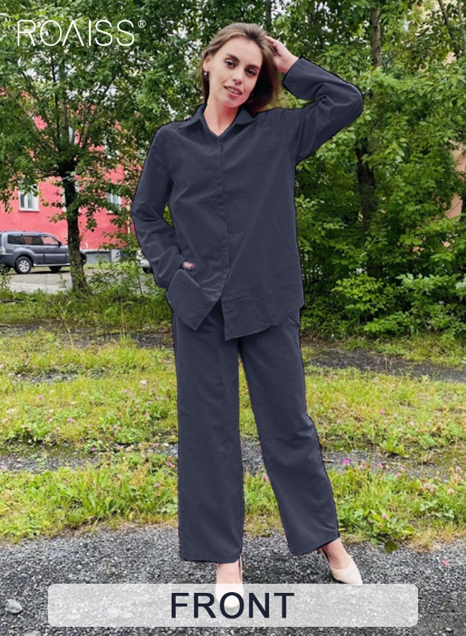 roaiss Ladies Comfortable Cotton Linen 2 Piece Suit for Daily Commute - Shirt and Wide Leg Pants Set with Simple Loose Fit Design for Leisure - Image 3