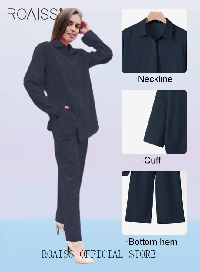 roaiss Ladies Comfortable Cotton Linen 2 Piece Suit for Daily Commute - Shirt and Wide Leg Pants Set with Simple Loose Fit Design for Leisure - Image 1