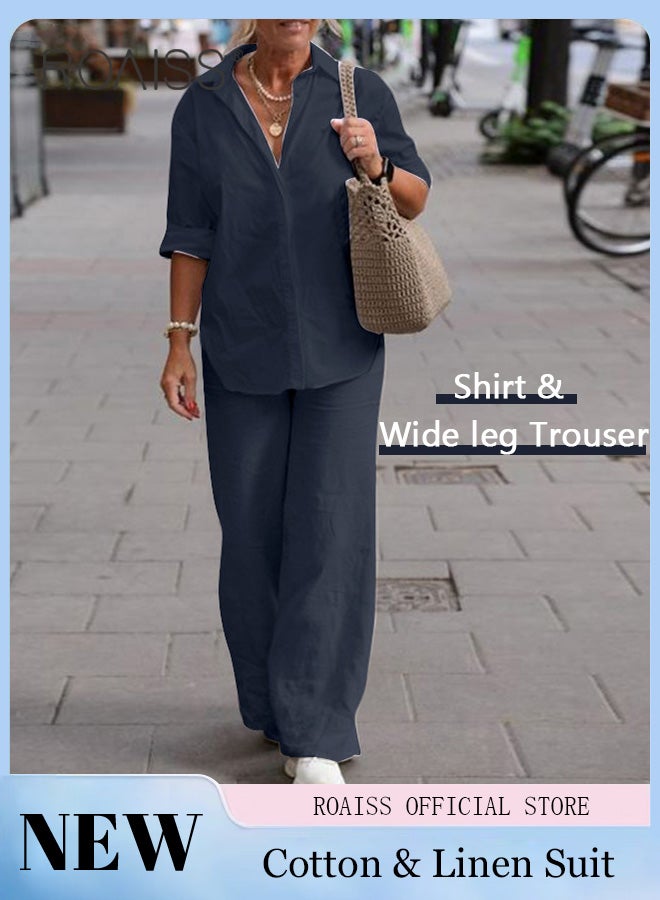roaiss Ladies Comfortable Cotton Linen 2 Piece Suit for Daily Commute - Shirt and Wide Leg Pants Set with Simple Loose Fit Design for Leisure - Image 2