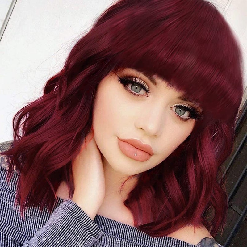 Rockabilly Vintage Wig Audrey Hepbum Short Bang Wig Long Finger Wavy Wigs for Women Red