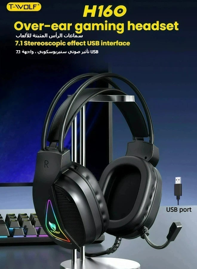 T-WOLF gaming headset with 7.1 USB interface, fully directional microphone, 50mm large unit, static RGB lighting, adaptive headband, black - Image 1