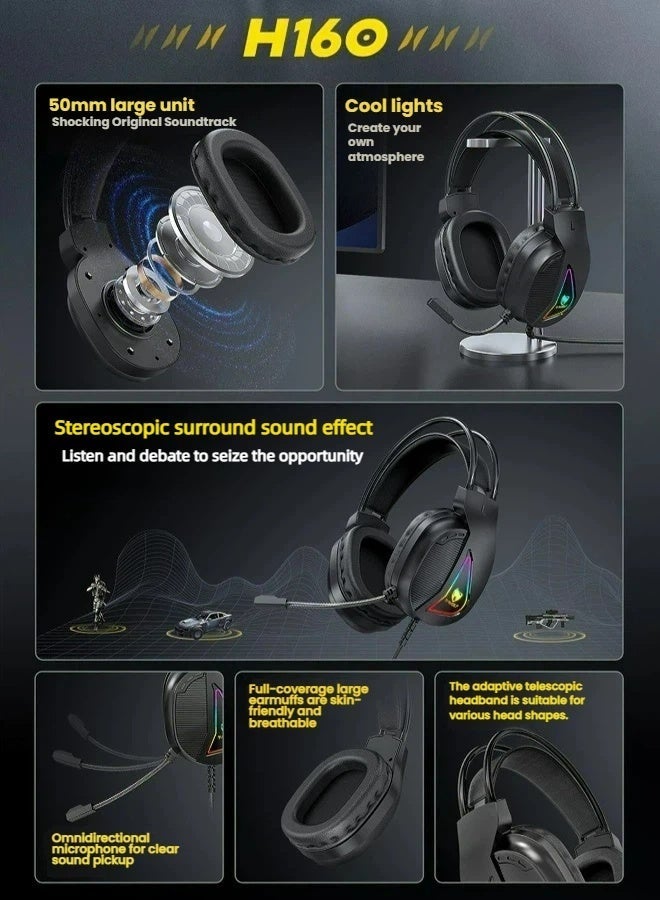 T-WOLF gaming headset with 7.1 USB interface, fully directional microphone, 50mm large unit, static RGB lighting, adaptive headband, black - Image 3