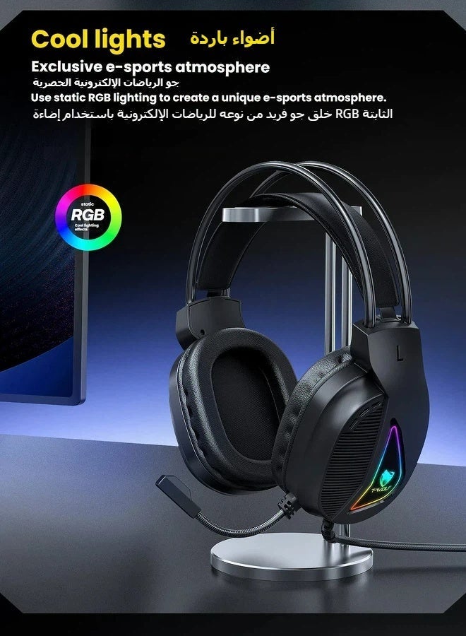 T-WOLF gaming headset with 7.1 USB interface, fully directional microphone, 50mm large unit, static RGB lighting, adaptive headband, black - Image 2