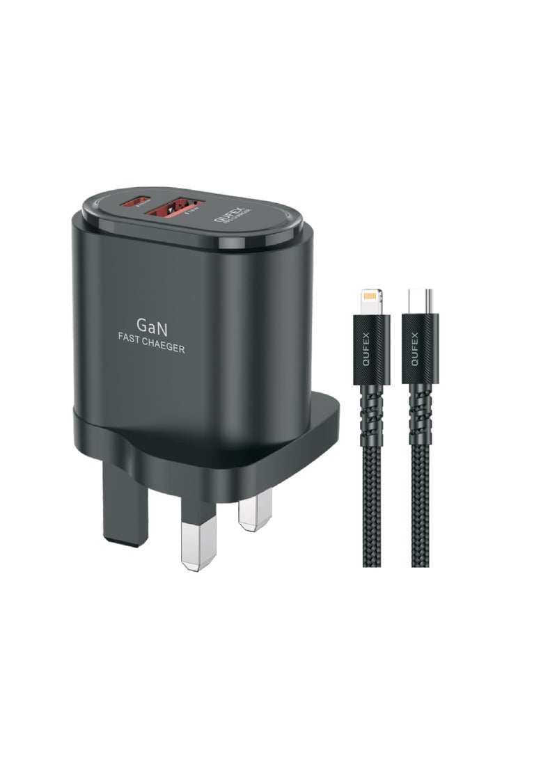 كيفكس شاحن QUFEX سريع للسفر 43 واط USB-C إلى Lightning – أسود - Image 1