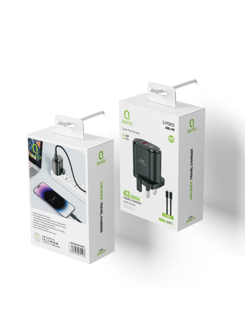كيفكس شاحن QUFEX سريع للسفر 43 واط USB-C إلى Lightning – أسود - Image 2