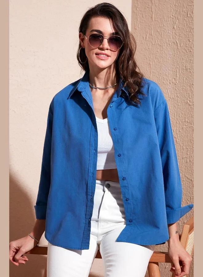 ليلا قميص نسائي بياقة بيضاوية وقصة أمامية قصيرة وخلفية طويلة من قطن ليلا