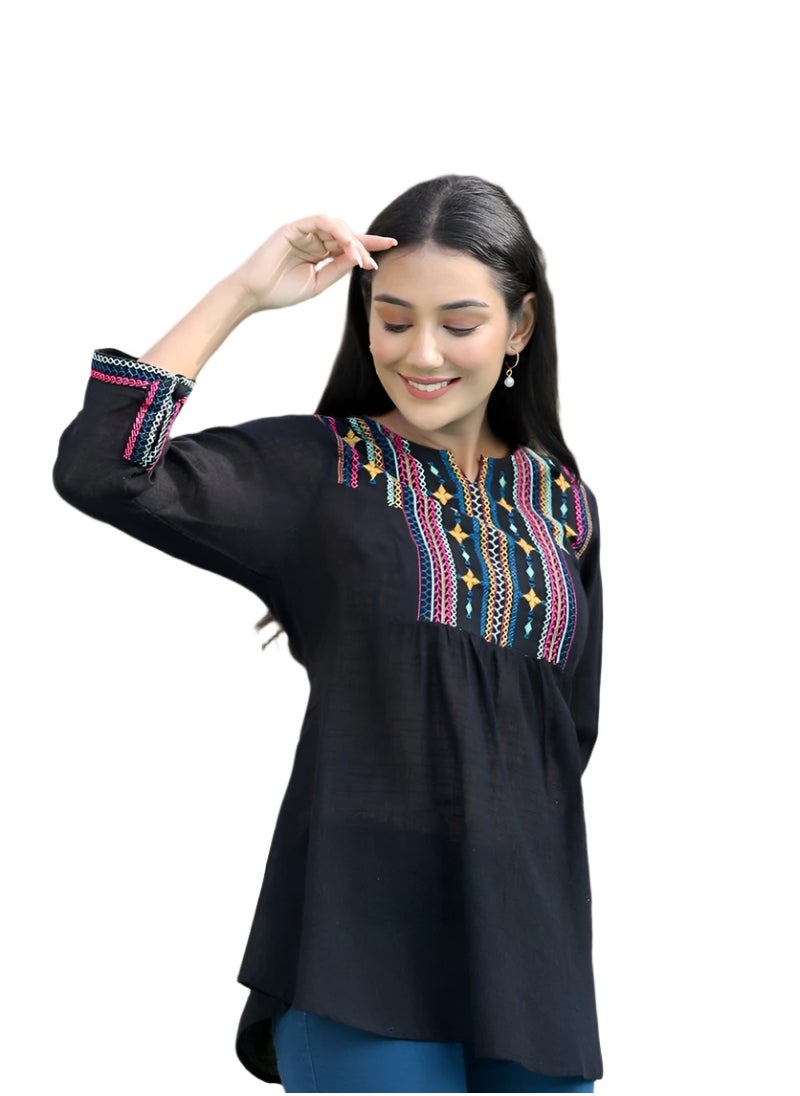 Swadesh Souq - Women's Black Solid Cotton Top - Image 1