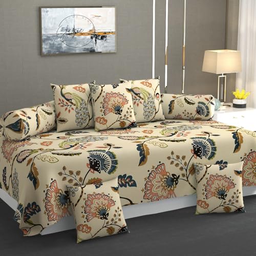Slazie Cotton Diwan Set Covers |8 Pieces Diwan Cover Set|300 TC Fabric| Pure Cotton Printed Deewan Set (1 Single Bedsheet, 2 Bolster Covers, 5 Cushion Covers)|Beige Jaipuri |SZDS 009 - Image 1