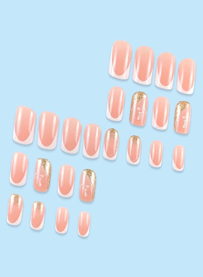 YoYoee Short Square Press on Nails French Glitter Fake Nails Acrylic Cute Butterfly False Nails Full Cover Nails Tips for Women and Girls 24Pcs - Image 4