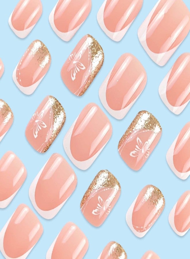YoYoee Short Square Press on Nails French Glitter Fake Nails Acrylic Cute Butterfly False Nails Full Cover Nails Tips for Women and Girls 24Pcs - Image 3