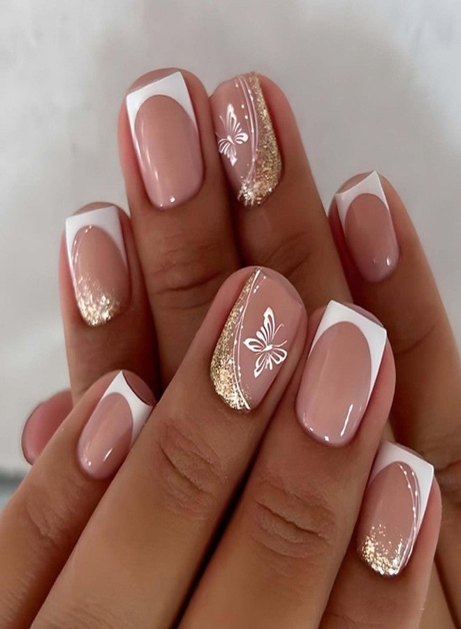 YoYoee Short Square Press on Nails French Glitter Fake Nails Acrylic Cute Butterfly False Nails Full Cover Nails Tips for Women and Girls 24Pcs - Image 1