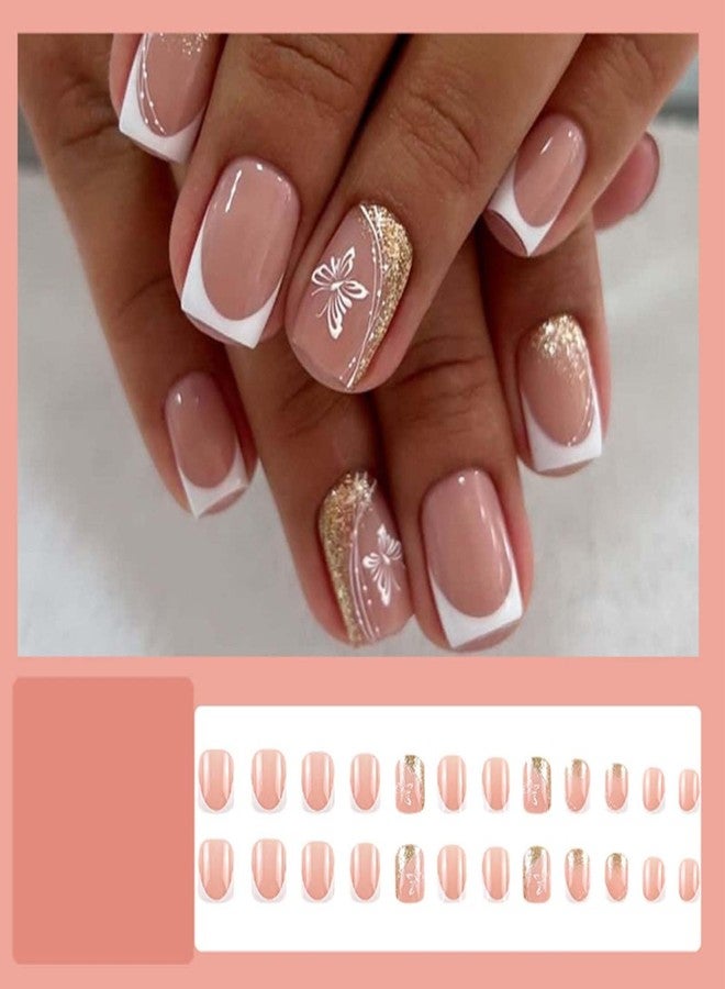 YoYoee Short Square Press on Nails French Glitter Fake Nails Acrylic Cute Butterfly False Nails Full Cover Nails Tips for Women and Girls 24Pcs - Image 2
