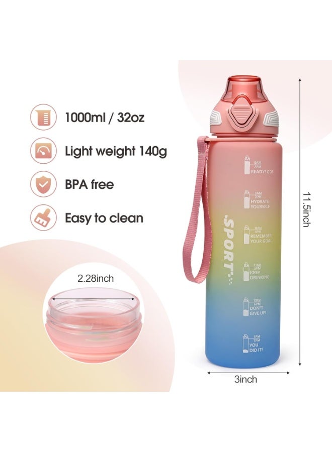 توشيونيكس زجاجة مياه رياضية تحفيزية سعة 1000 مل مع علامات زمنية وغطاء يعمل بلمسة واحدة ومنقوع فواكه وثلج وخيط حمل - مصنوعة من مادة تريتان خالية من مادة BPA وغطاء مانع للتسرب وصديقة للبيئة، مصنوعة من البلاستيك وقابلة لإعادة الاستخدام، وتذكر شرب الماء للمدرسة والمكتب والترطيب اليومي وصالة الألعاب الرياضية واللياقة البدنية والأنشطة الخارجية والرياضة والسفر، سعة 32 أونصة - Image 3