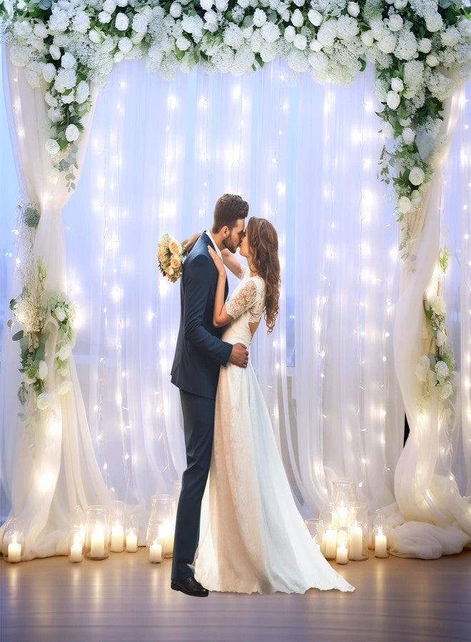 Suppromo White Backdrop Curtains with Lights String for Wedding Parties 10×10ft Sheer Tulle Backdrop Curtain for Bridal Shower Baby Shower Birthday Party Photo Shoot Background Decorations(2 Panels 10ft×10ft) - Image 3