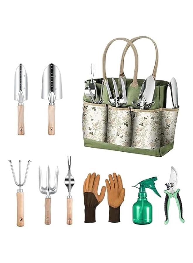 HOOKOR Garden Tools Kit, 9 Piece Heavy Duty Gardening Hand Tools with Fashion and Durable Organizer Handbag, Rust-Proof Garden Planting Tools for Courtyard Balcony Patio Outdoor - Image 1