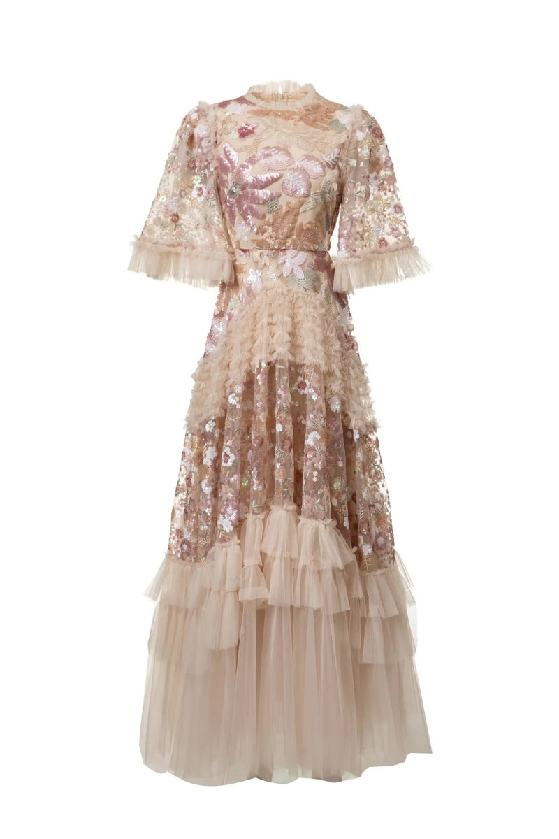 2025 Summer French Light Luxury Style Round Neck Heavy Beaded Sequin Ruffle Mesh Puffy Long Dress - Image 1